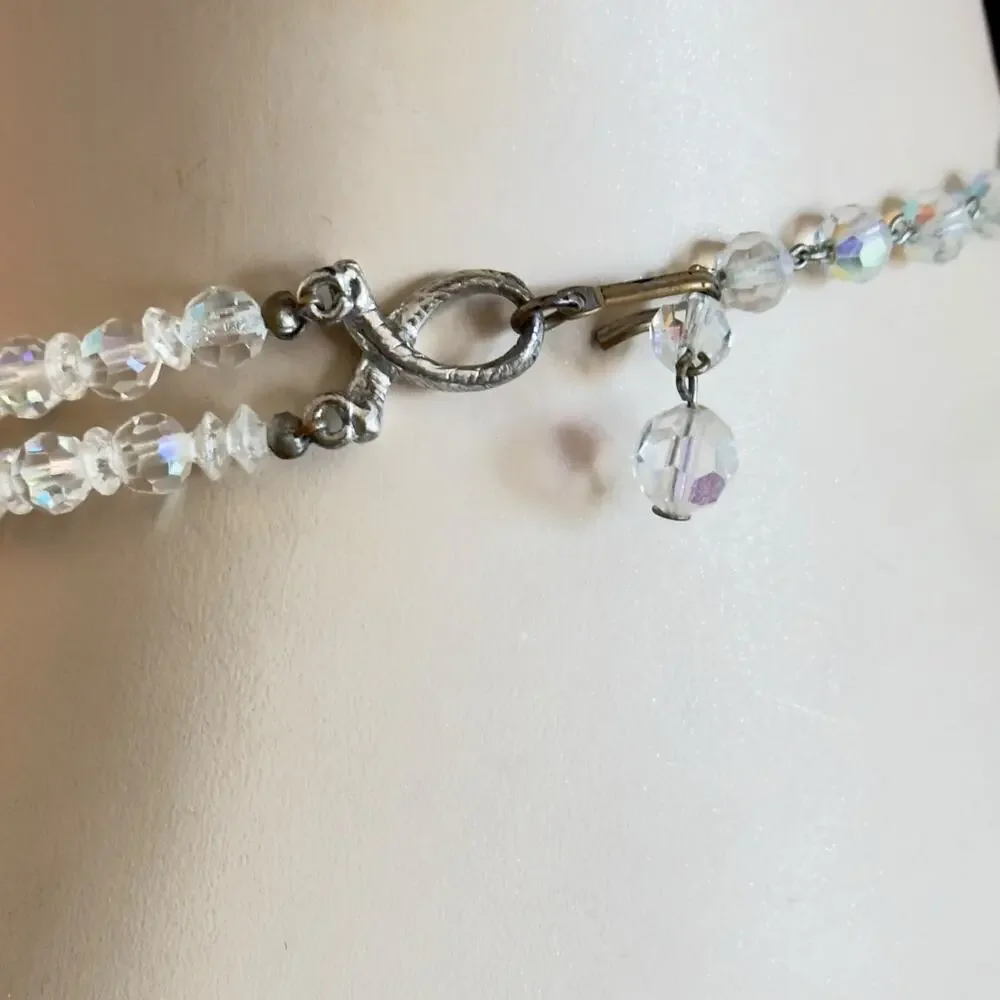 14” AB Crystal Czech Glass Double Strand Beaded Bib Necklace Vintage 1940’s